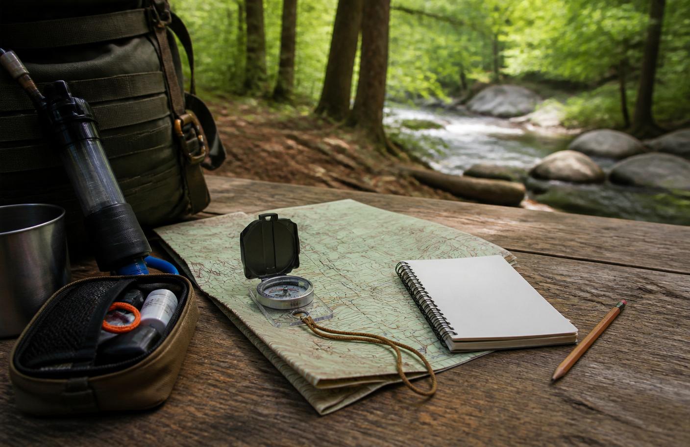 Preparedness planning tools on a wooded outdoor table